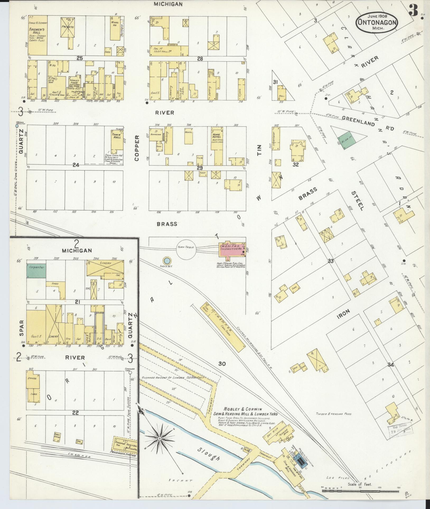 Sanborn Fire Insurance Map from Ontonagon, Ontonagon County, Michigan (1908), Sheet #0003 - Complete Map Set gallery image, historic Sanborn map, vintage wall art, Michigan Michigan