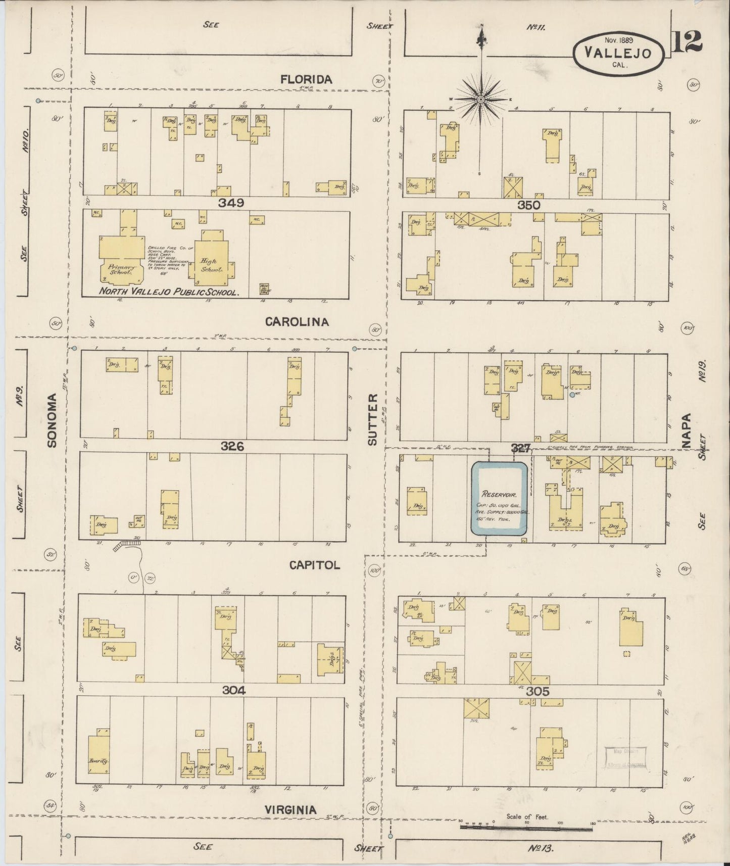 Sanborn Fire Insurance Map from Vallejo, Solano County, California (1889), Sheet #0012 - Complete Map Set gallery image, historic Sanborn map, vintage wall art, California California