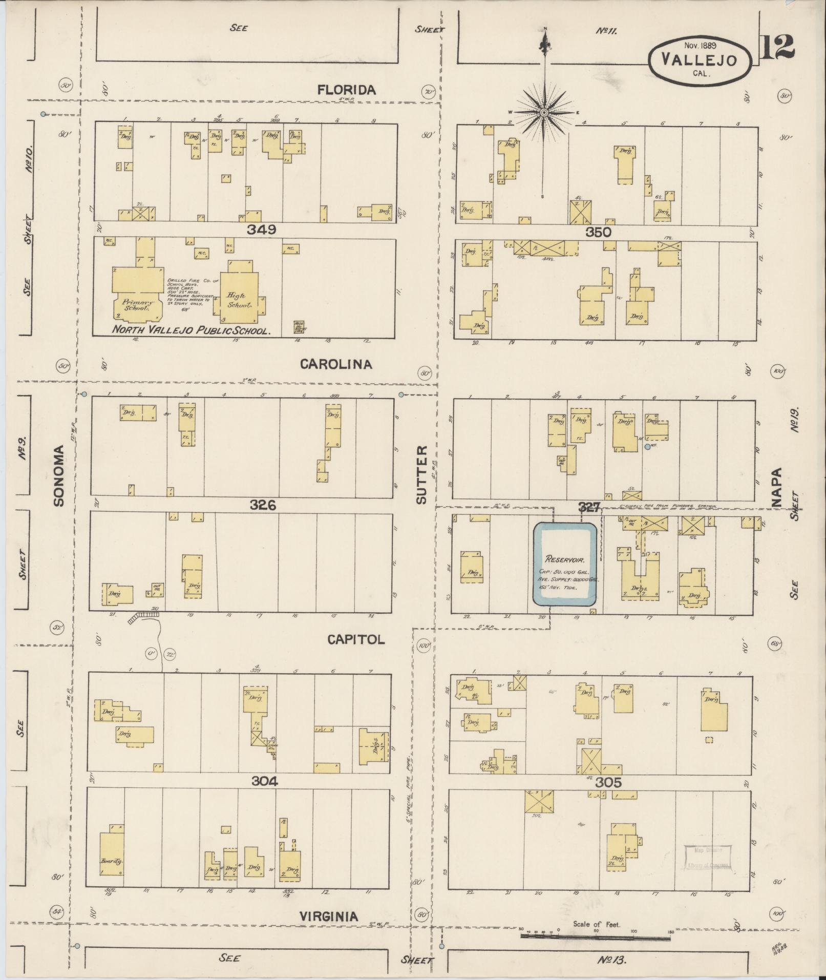 Sanborn Fire Insurance Map from Vallejo, Solano County, California (1889), Sheet #0012 - Complete Map Set gallery image, historic Sanborn map, vintage wall art, California California