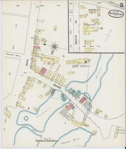 Sanborn Fire Insurance Map from Riverhead, Suffolk County, New York (1891), Sheet #0005 - Historic Sanborn Fire Insurance Map Print, vintage old map wall art, antique decor, genealogy gift, New York New York map