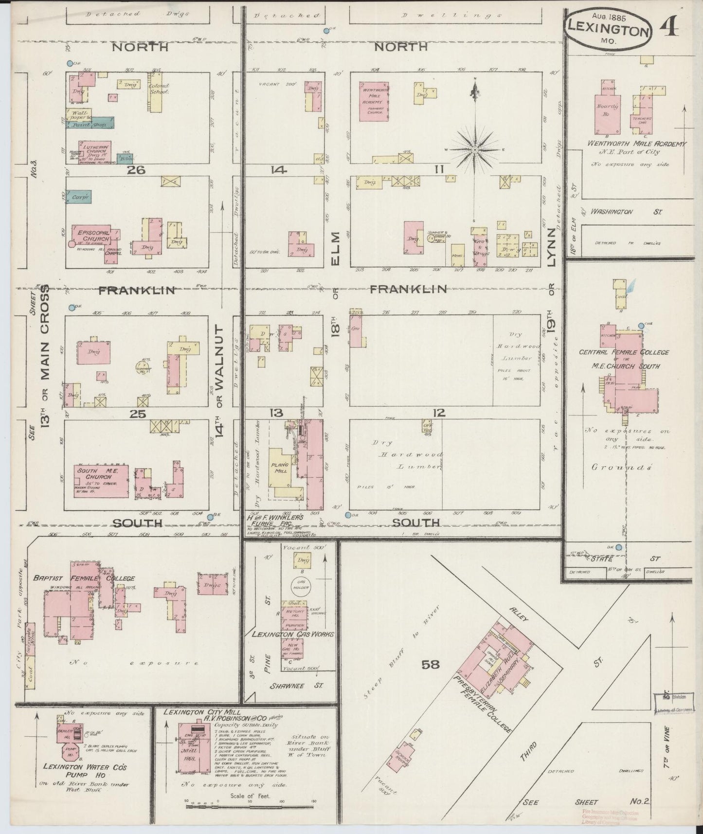 Sanborn Fire Insurance Map from Lexington, Lafayette County, Missouri (1885), Sheet #0004 - Complete Map Set gallery image, historic Sanborn map, vintage wall art, Missouri Missouri