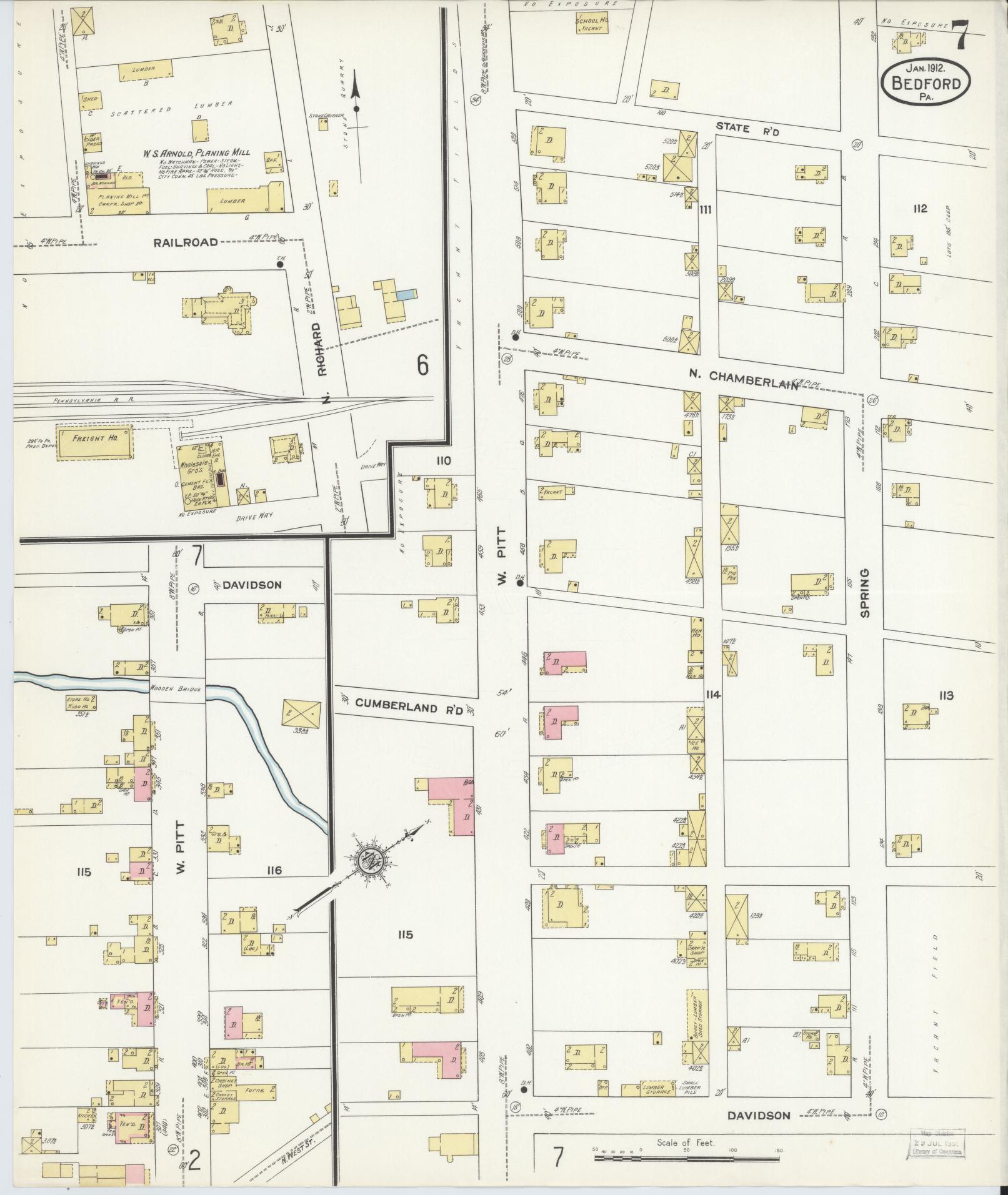 Sanborn Fire Insurance Map from Bedford, Bedford County, Pennsylvania (1912), Sheet #0007 - Historic Sanborn Fire Insurance Map Print, vintage old map wall art, antique decor, genealogy gift, Pennsylvania Pennsylvania map
