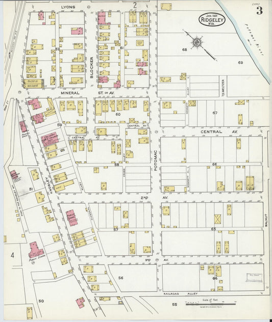 Sanborn Fire Insurance Map from Ridgeley, Mineral County, West Virginia (1921), Sheet #0003 - Historic Sanborn Fire Insurance Map Print, vintage old map wall art, antique decor, genealogy gift, West Virginia West Virginia map