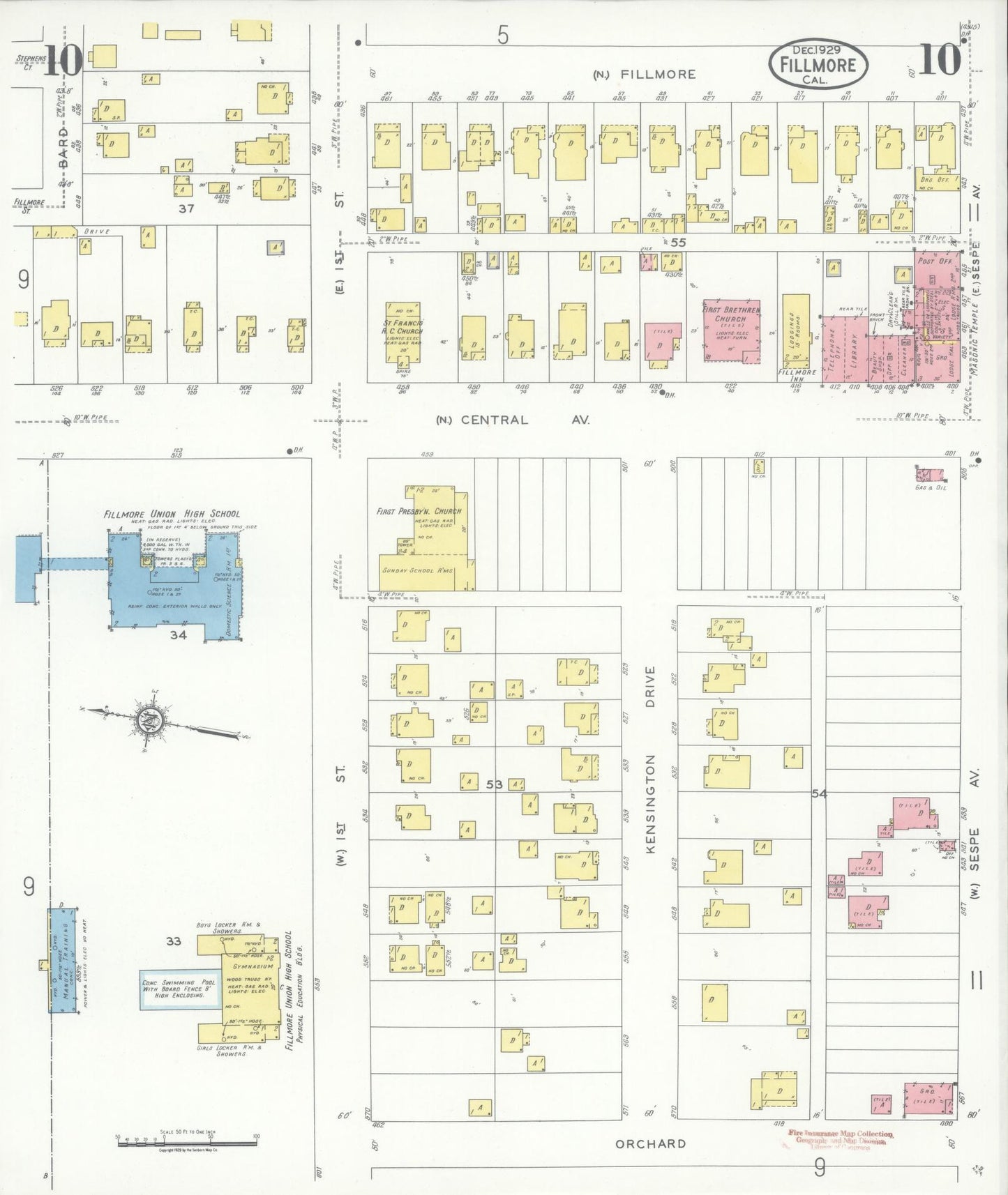 Sanborn Fire Insurance Map from Fillmore, Ventura County, California (1929), Sheet #0010 - Historic Sanborn Fire Insurance Map Print, vintage old map wall art, antique decor, genealogy gift, California California map
