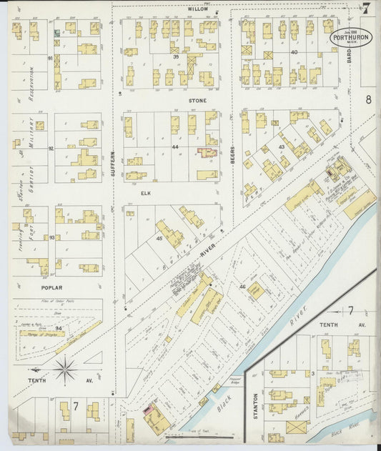 Sanborn Fire Insurance Map from Port Huron, Saint Clair County, Michigan (1898), Sheet #0007 - Historic Sanborn Fire Insurance Map Print, vintage old map wall art, antique decor, genealogy gift, Michigan Michigan map