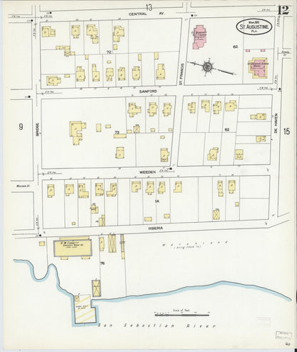 Sanborn Fire Insurance Map from Saint Augustine, Saint John's County, Florida (1910), Sheet #0012 - Historic Sanborn Fire Insurance Map Print, vintage old map wall art, antique decor, genealogy gift, Florida Florida map