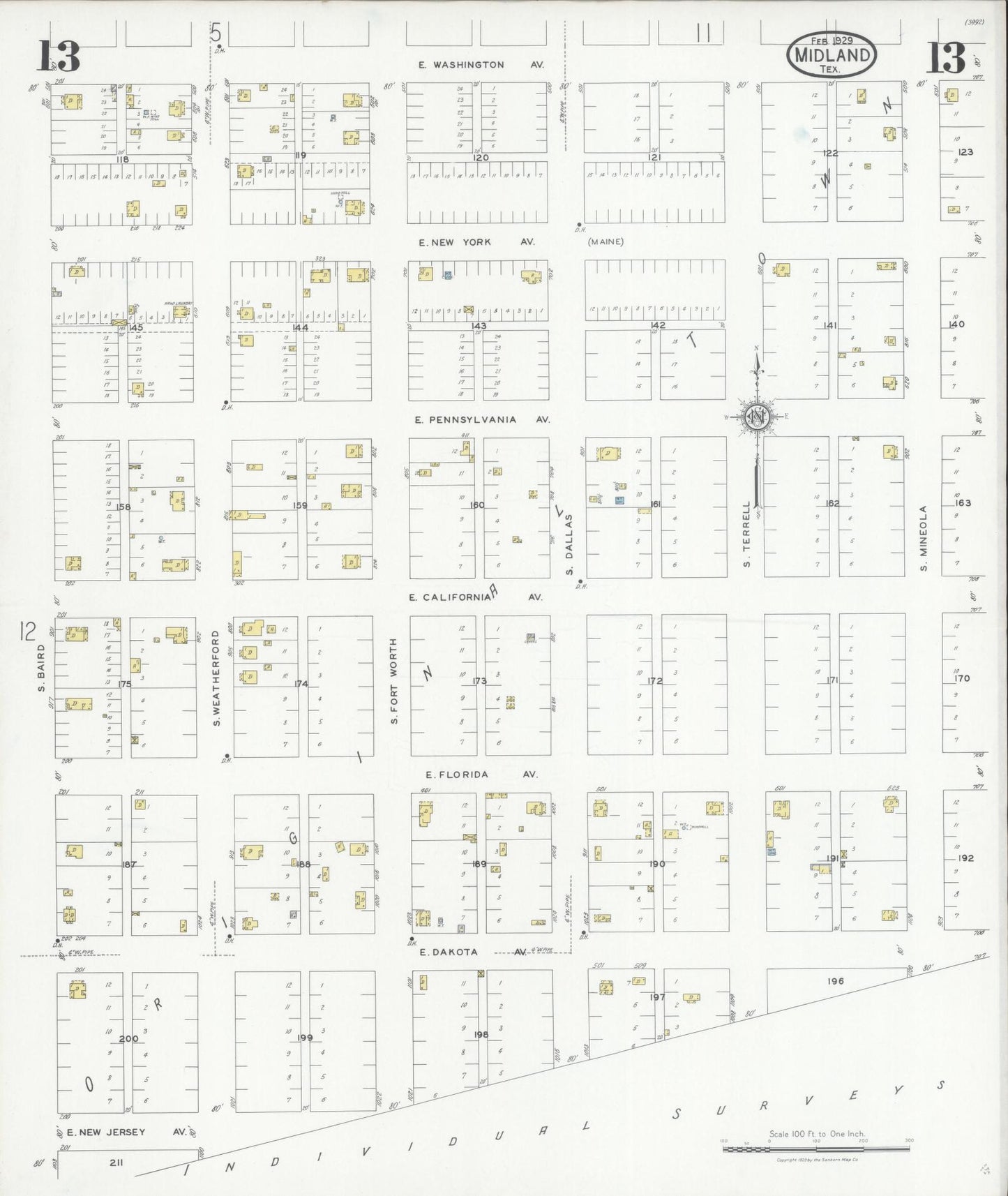 Sanborn Fire Insurance Map from Midland, Midland County, Texas (1929), Sheet #0013 - Historic Sanborn Fire Insurance Map Print, vintage old map wall art, antique decor, genealogy gift, Texas Texas map
