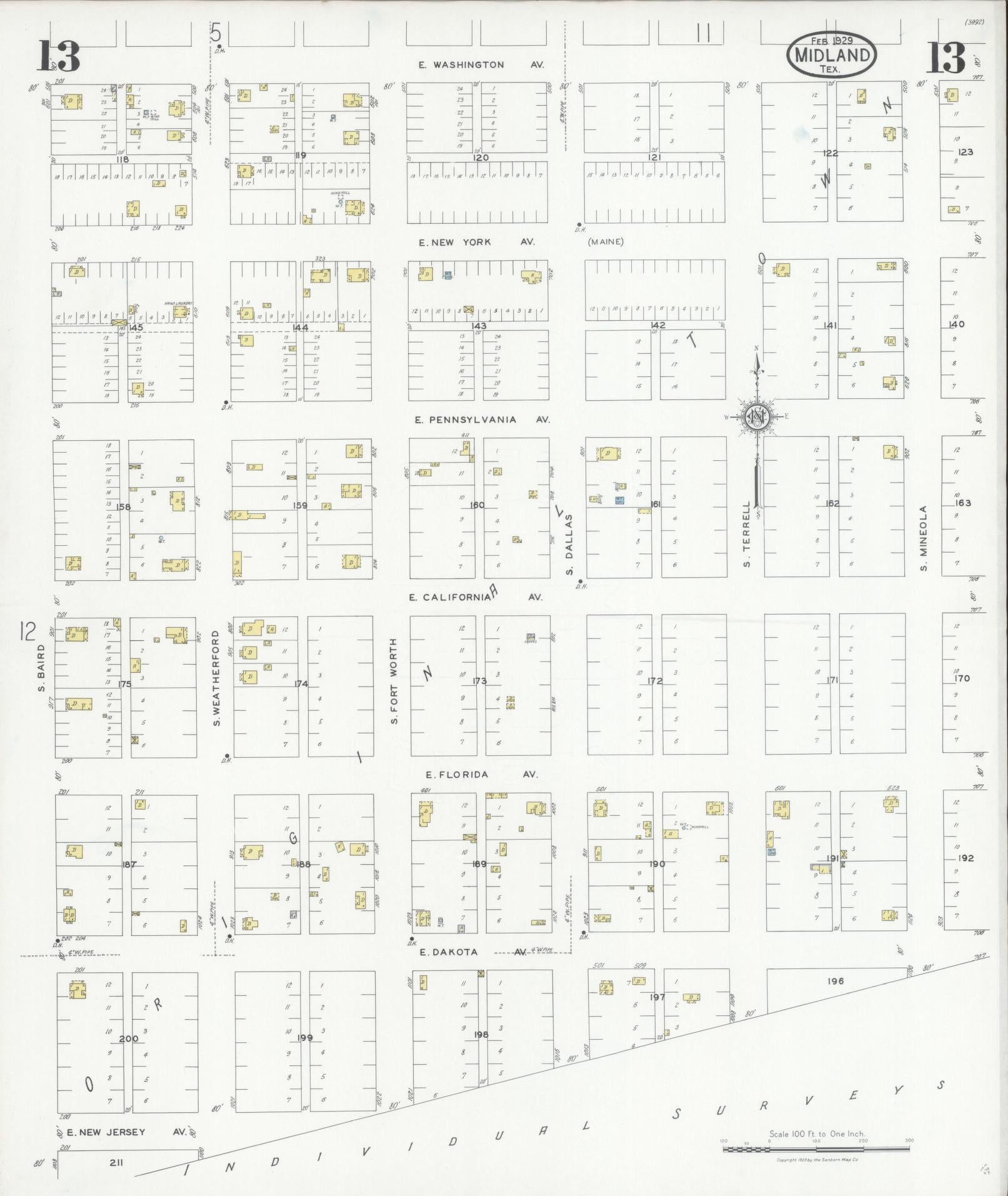 Sanborn Fire Insurance Map from Midland, Midland County, Texas (1929), Sheet #0013 - Historic Sanborn Fire Insurance Map Print, vintage old map wall art, antique decor, genealogy gift, Texas Texas map