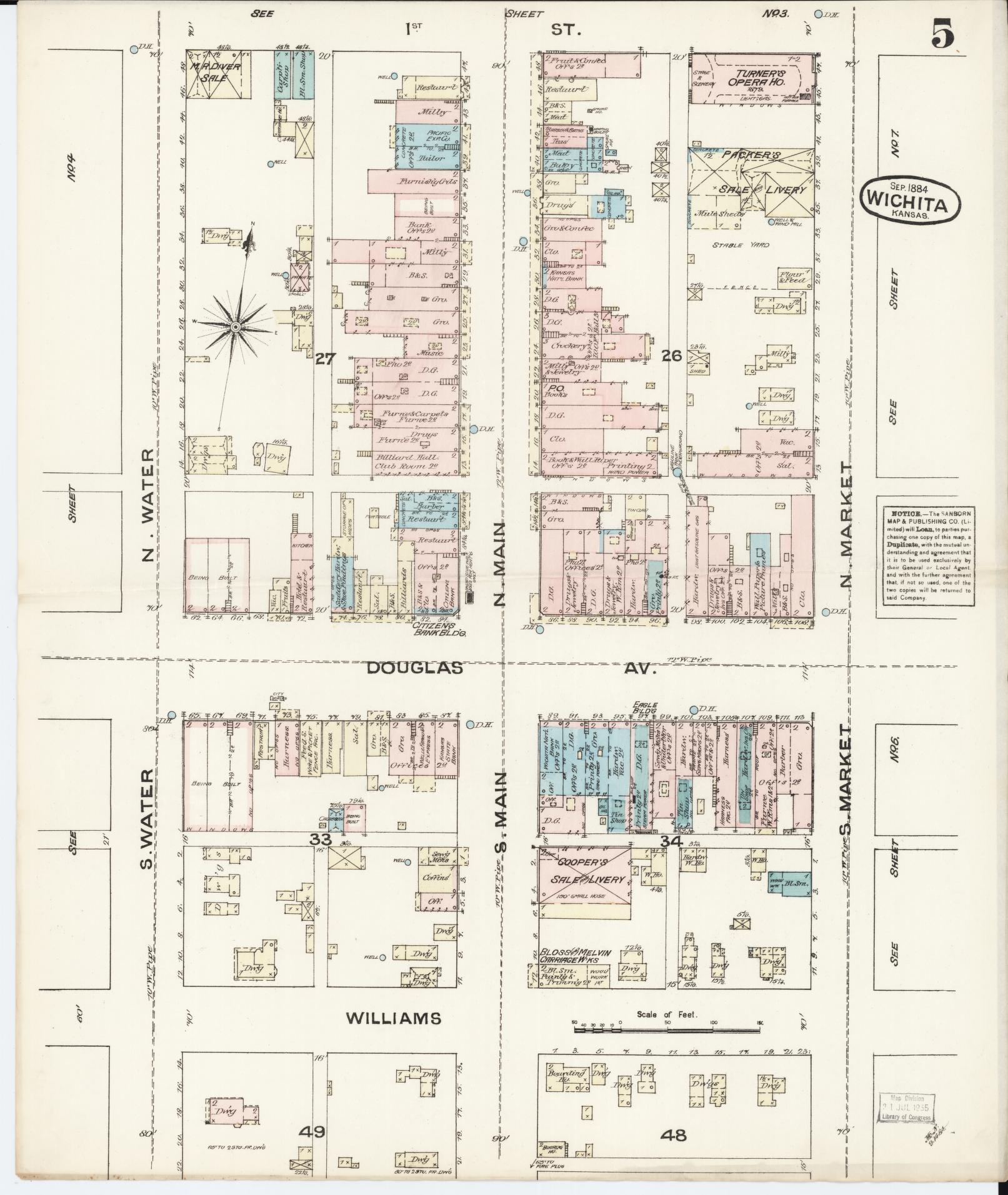 Sanborn Fire Insurance Map from Wichita, Sedgwick County, Kansas (1884), Sheet #0005 - Historic Sanborn Fire Insurance Map Print, vintage old map wall art, antique decor, genealogy gift, Kansas Kansas map
