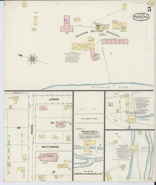 Sanborn Fire Insurance Map from Pontiac, Oakland County, Michigan (1888), Sheet #0005 - Historic Sanborn Fire Insurance Map Print, vintage old map wall art, antique decor, genealogy gift, Michigan Michigan map