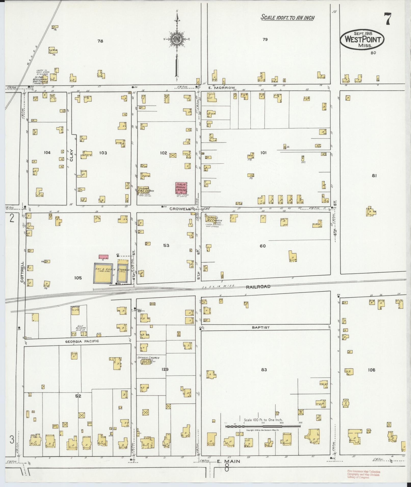 Sanborn Fire Insurance Map from West Point, Clay County, Mississippi (1918), Sheet #0007 - Historic Sanborn Fire Insurance Map Print, vintage old map wall art, antique decor, genealogy gift, Mississippi Mississippi map