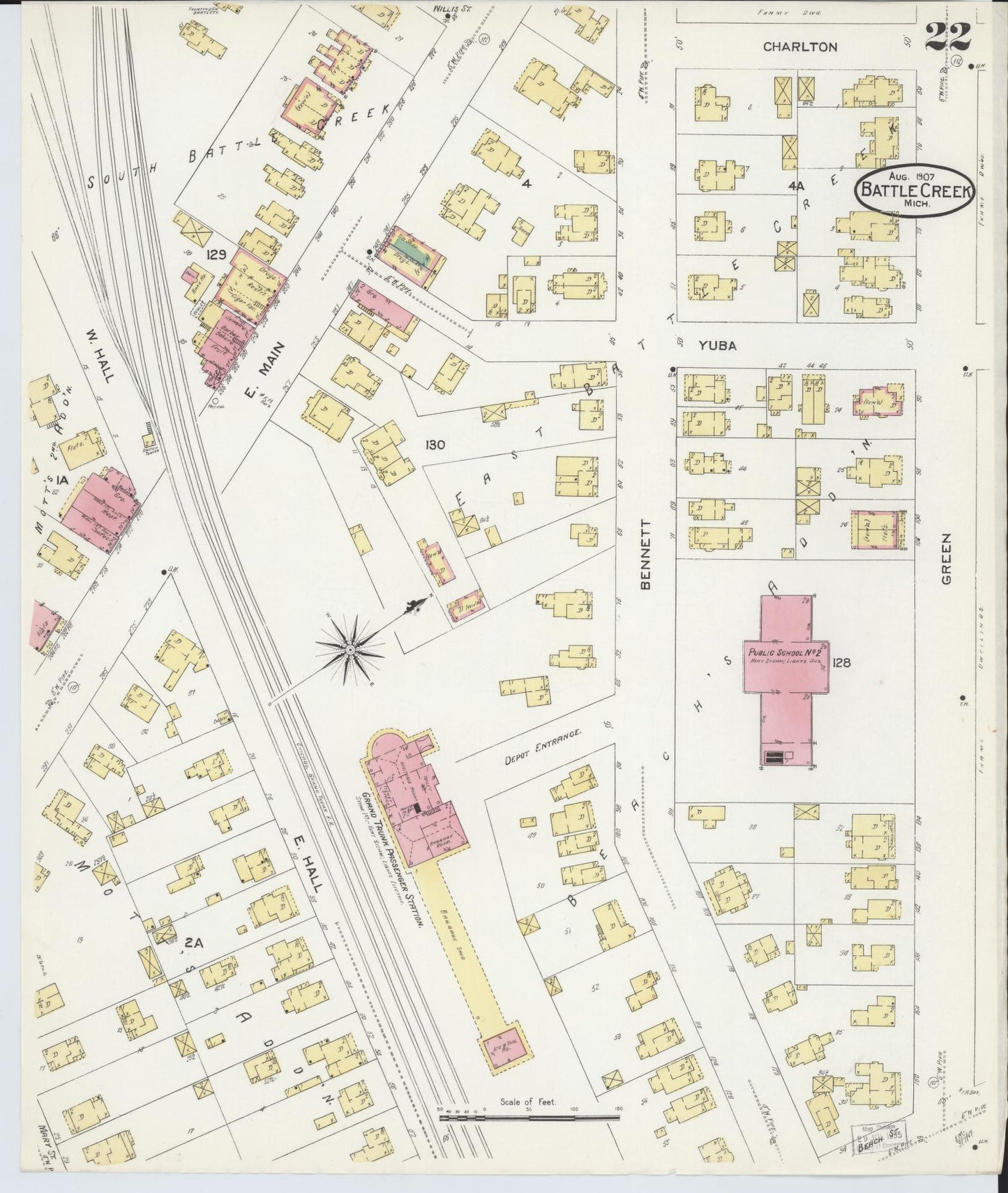 Sanborn Fire Insurance Map from Battle Creek, Calhoun County, Michigan (1907), Sheet #0022 - Complete Map Set gallery image, historic Sanborn map, vintage wall art, Michigan Michigan