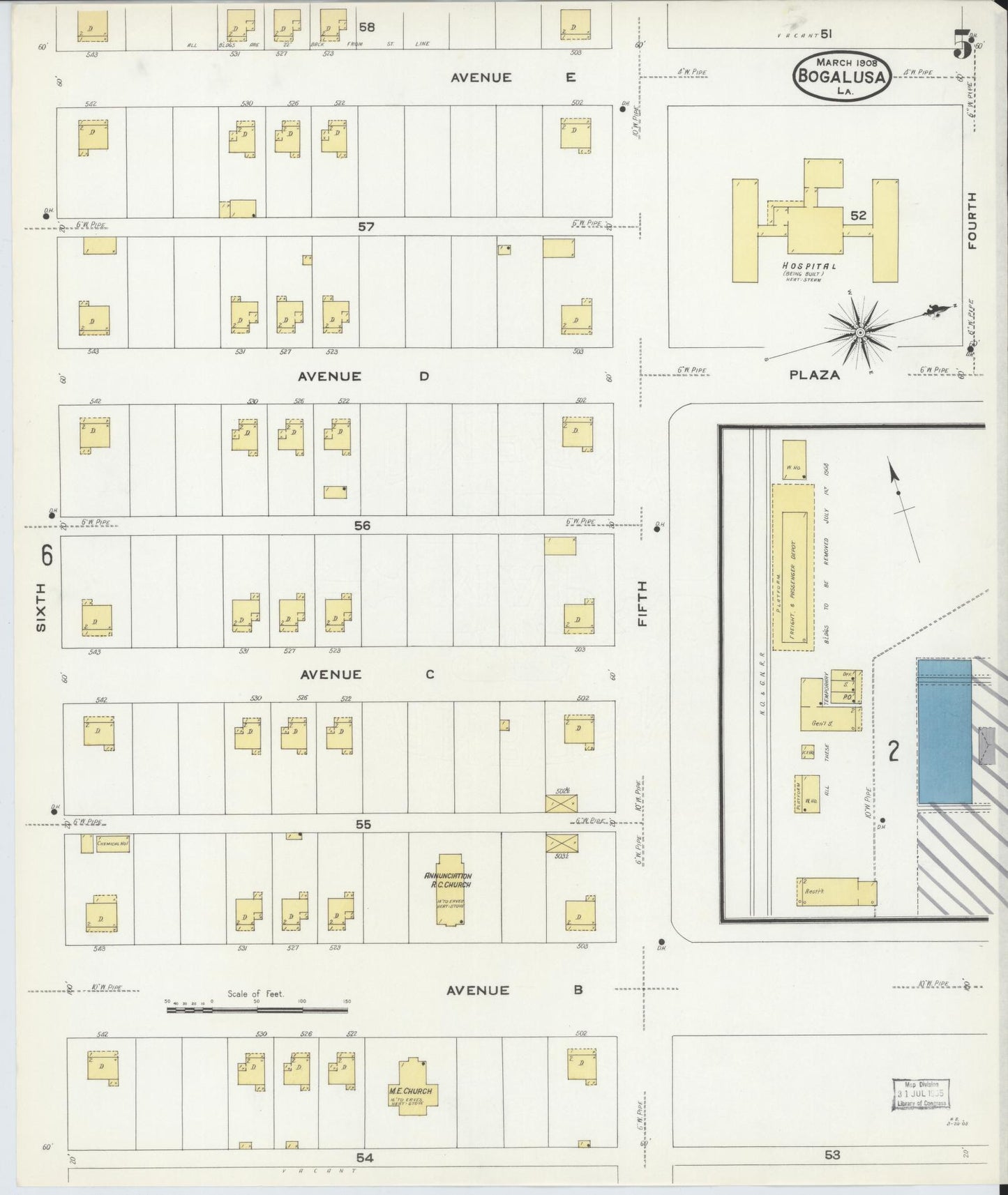 Sanborn Fire Insurance Map from Bogalusa, Washington Parish, Louisiana (1908), Sheet #0005 - Complete Map Set gallery image, historic Sanborn map, vintage wall art, Louisiana Louisiana