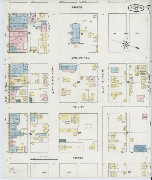 Sanborn Fire Insurance Map from Austin, Travis County, Texas (1889), Sheet #0007 - Historic Sanborn Fire Insurance Map Print, vintage old map wall art, antique decor, genealogy gift, Texas Texas map