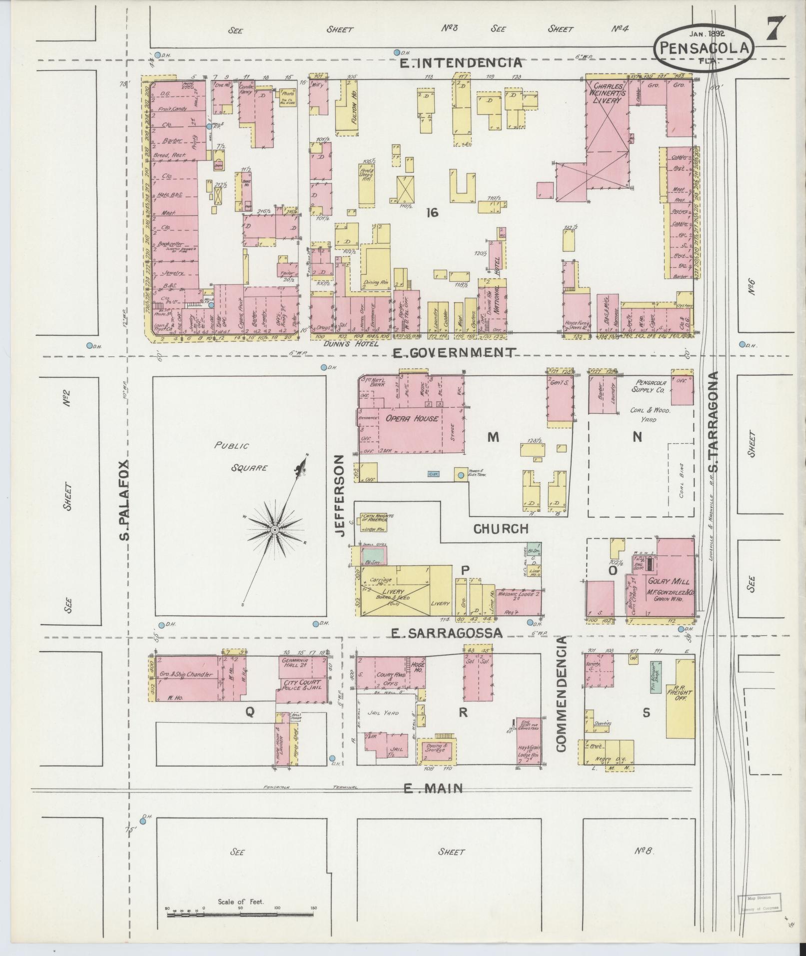 Sanborn Fire Insurance Map from Pensacola, Escambia County, Florida (1892), Sheet #0007 - Historic Sanborn Fire Insurance Map Print, vintage old map wall art, antique decor, genealogy gift, Florida Florida map