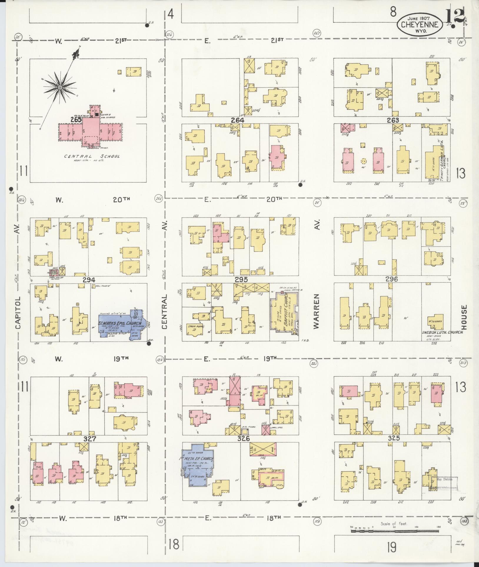 Sanborn Fire Insurance Map from Cheyenne, Laramie County, Wyoming (1907), Sheet #0012 - Complete Map Set gallery image, historic Sanborn map, vintage wall art, Wyoming Wyoming