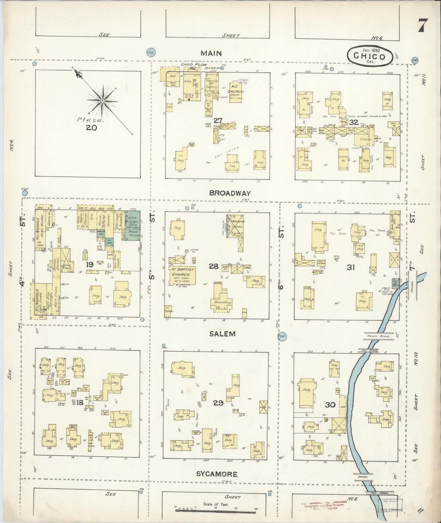 Sanborn Fire Insurance Map from Chico, Butte County, California (1890), Sheet #0007 - Complete Map Set gallery image, historic Sanborn map, vintage wall art, California California