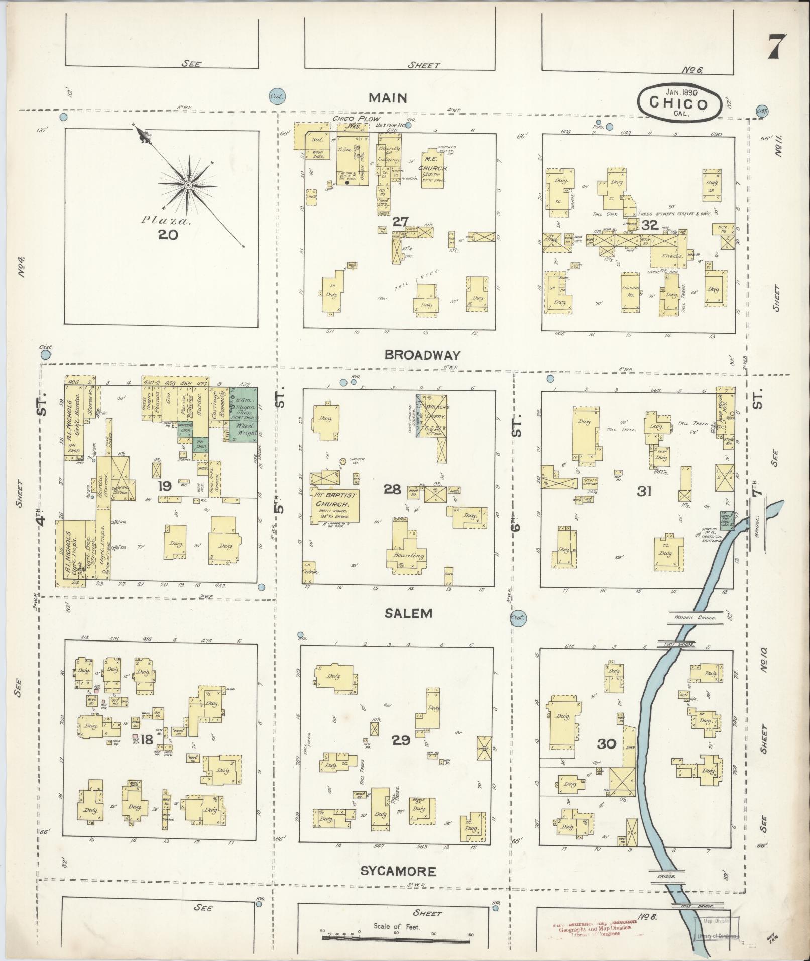 Sanborn Fire Insurance Map from Chico, Butte County, California (1890), Sheet #0007 - Complete Map Set gallery image, historic Sanborn map, vintage wall art, California California