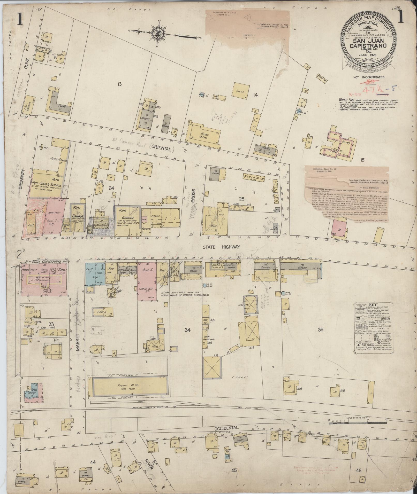 Sanborn Fire Insurance Map from San Juan Bautista, San Benito County, California (1929), Sheet #0001 - Complete Map Set gallery image, historic Sanborn map, vintage wall art, California California