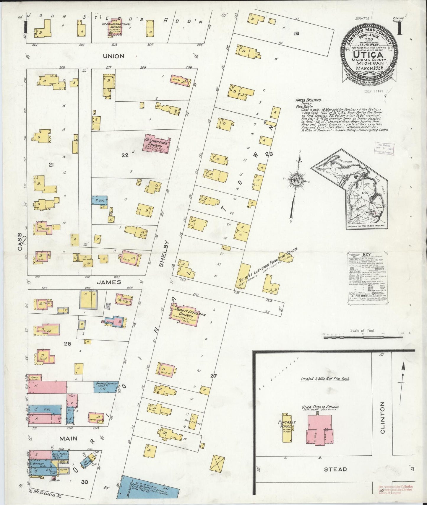 Sanborn Fire Insurance Map from Utica, Macomb County, Michigan (1926), Sheet #0001 - Historic Sanborn Fire Insurance Map Print, vintage old map wall art, antique decor, genealogy gift, Michigan Michigan map