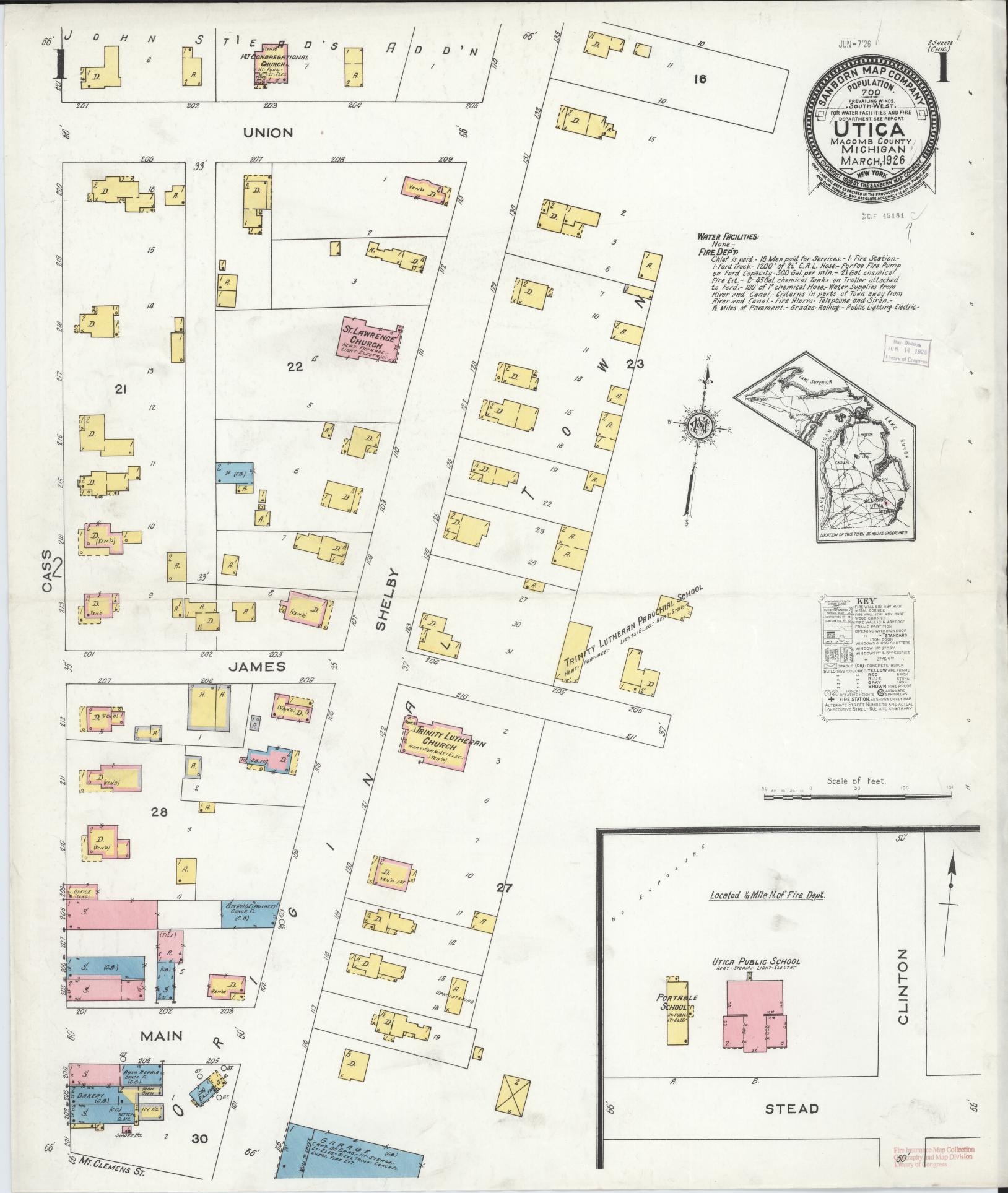 Sanborn Fire Insurance Map from Utica, Macomb County, Michigan (1926), Sheet #0001 - Historic Sanborn Fire Insurance Map Print, vintage old map wall art, antique decor, genealogy gift, Michigan Michigan map