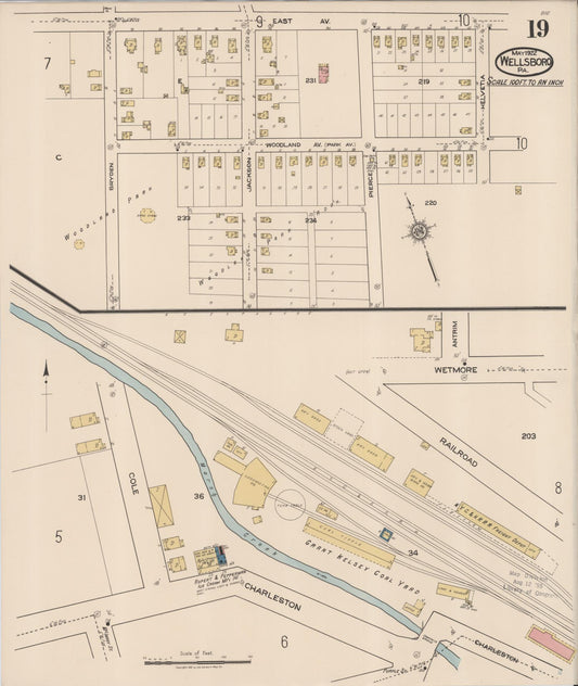 Sanborn Fire Insurance Map from Wellsboro, Tioga County, Pennsylvania (1922), Sheet #0019 - Historic Sanborn Fire Insurance Map Print, vintage old map wall art, antique decor, genealogy gift, Pennsylvania Pennsylvania map