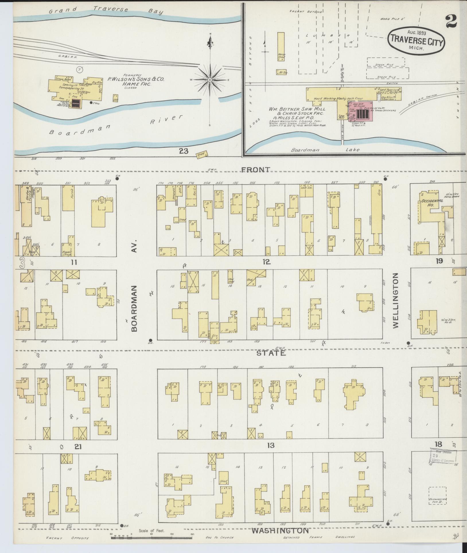 Sanborn Fire Insurance Map from Traverse City, Grand Traverse County, Michigan (1893), Sheet #0002 - Complete Map Set gallery image, historic Sanborn map, vintage wall art, Michigan Michigan