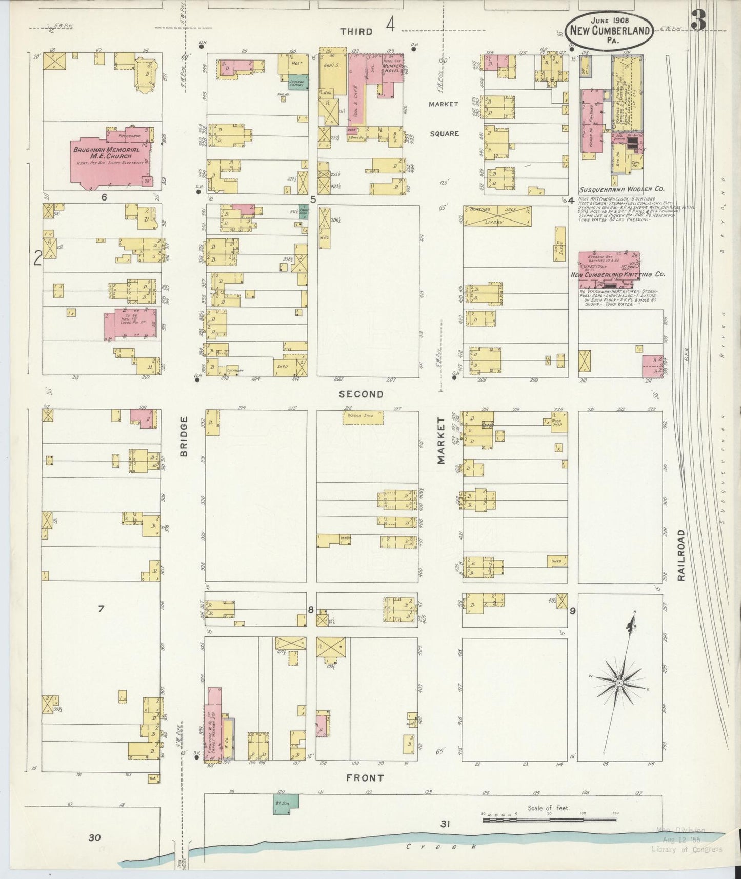 Sanborn Fire Insurance Map from New Cumberland, Cumberland County, Pennsylvania (1908), Sheet #0003 - Historic Sanborn Fire Insurance Map Print, vintage old map wall art, antique decor, genealogy gift, Pennsylvania Pennsylvania map