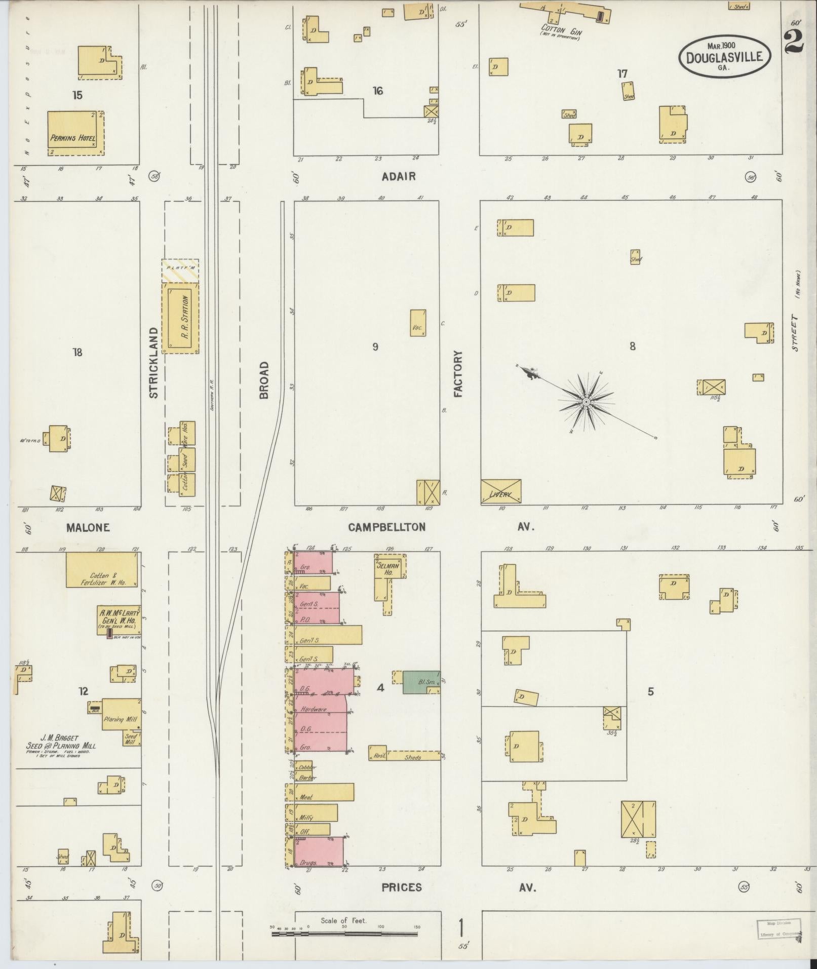 Sanborn Fire Insurance Map from Douglasville, Douglas County, Georgia (1900), Sheet #0002 - Historic Sanborn Fire Insurance Map Print, vintage old map wall art, antique decor, genealogy gift, Georgia Georgia map