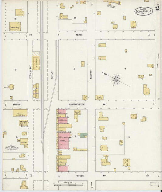 Sanborn Fire Insurance Map from Douglasville, Douglas County, Georgia (1900), Sheet #0002 - Historic Sanborn Fire Insurance Map Print, vintage old map wall art, antique decor, genealogy gift, Georgia Georgia map