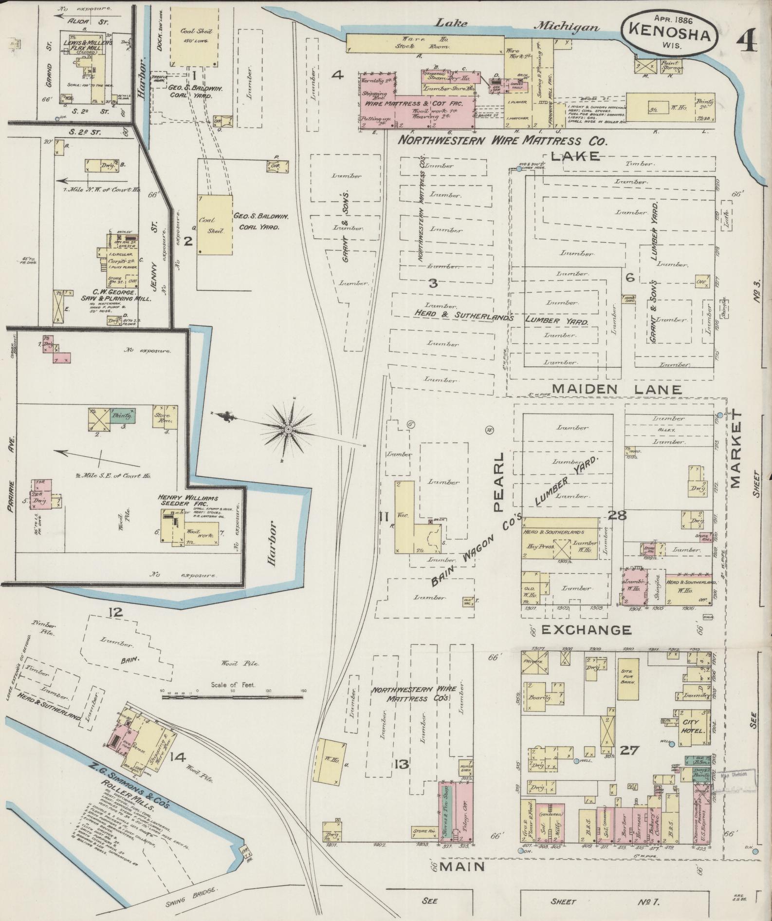 Sanborn Fire Insurance Map from Kenosha, Kenosha County, Wisconsin (1886), Sheet #0004 - Historic Sanborn Fire Insurance Map Print, vintage old map wall art, antique decor, genealogy gift, Wisconsin Wisconsin map