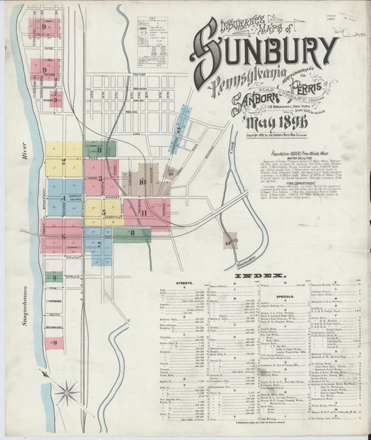 Sanborn Fire Insurance Map from Sunbury, Northumberland County, Pennsylvania (1896), Sheet #0001 - Historic Sanborn Fire Insurance Map Print, vintage old map wall art, antique decor, genealogy gift, Pennsylvania Pennsylvania map