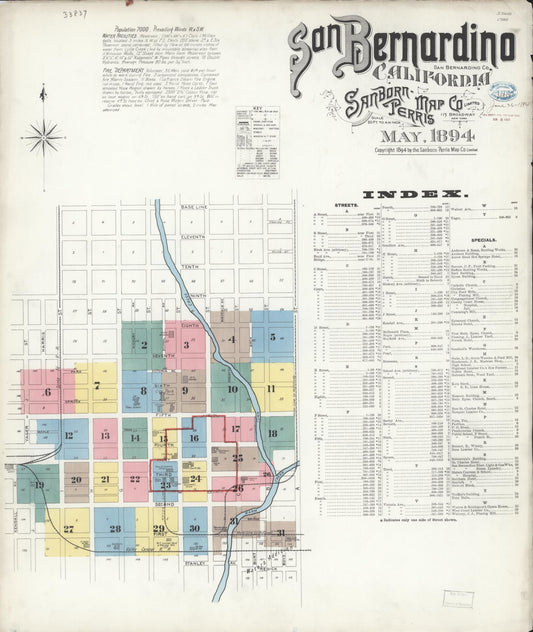 Sanborn Fire Insurance Map from San Bernardino, San Bernardino County, California (1894), Sheet #0001 - Complete Map Set gallery image, historic Sanborn map, vintage wall art, California California
