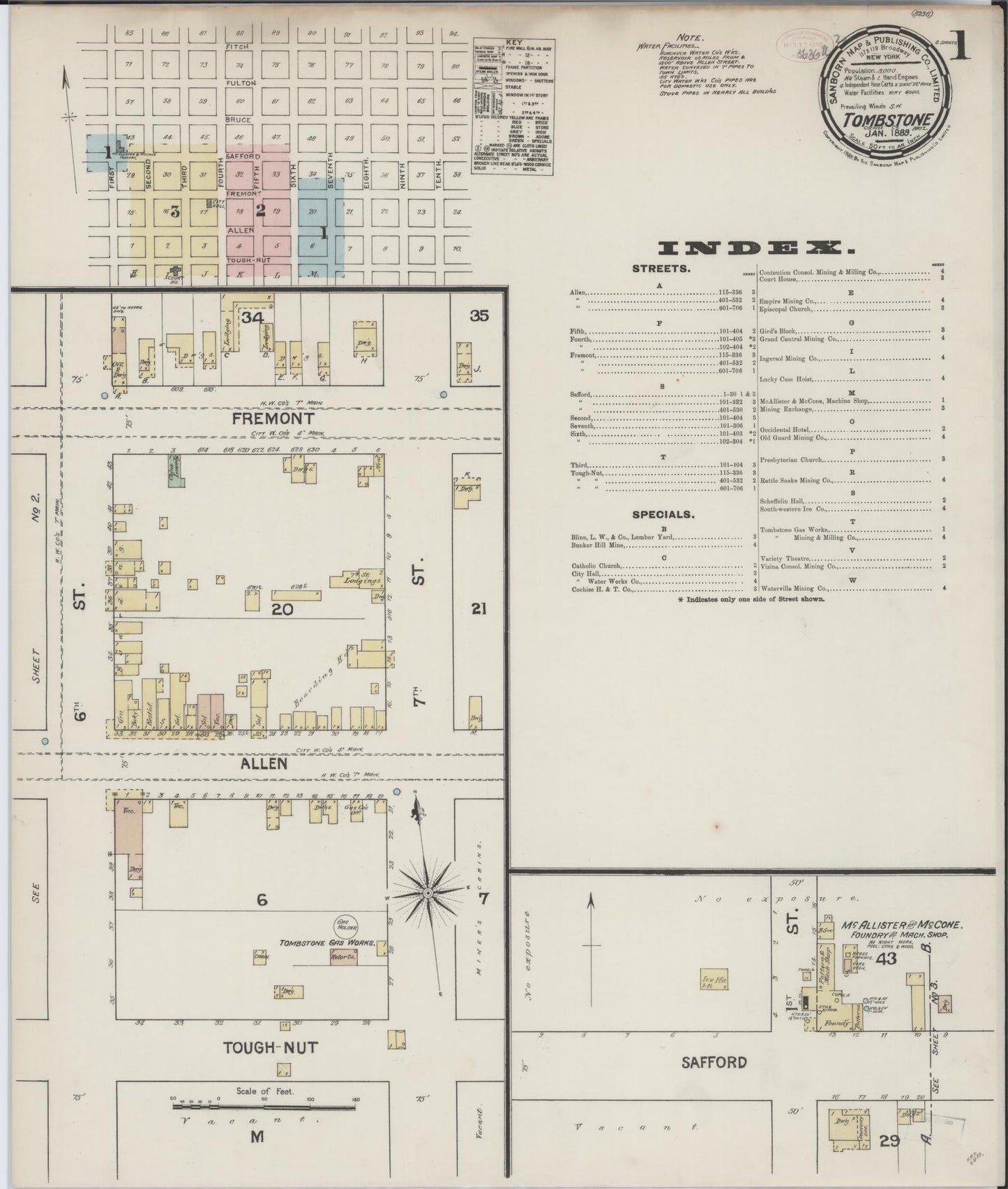 Sanborn Fire Insurance Map from Tombstone, Cochise County, Arizona (1889), Sheet #0001 - Complete Map Set gallery image, historic Sanborn map, vintage wall art, Arizona Arizona