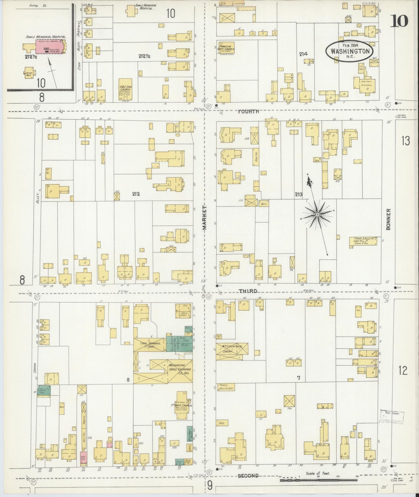 Sanborn Fire Insurance Map from Washington, Beaufort County, North Carolina (1904), Sheet #0010 - Complete Map Set gallery image, historic Sanborn map, vintage wall art, North Carolina North Carolina
