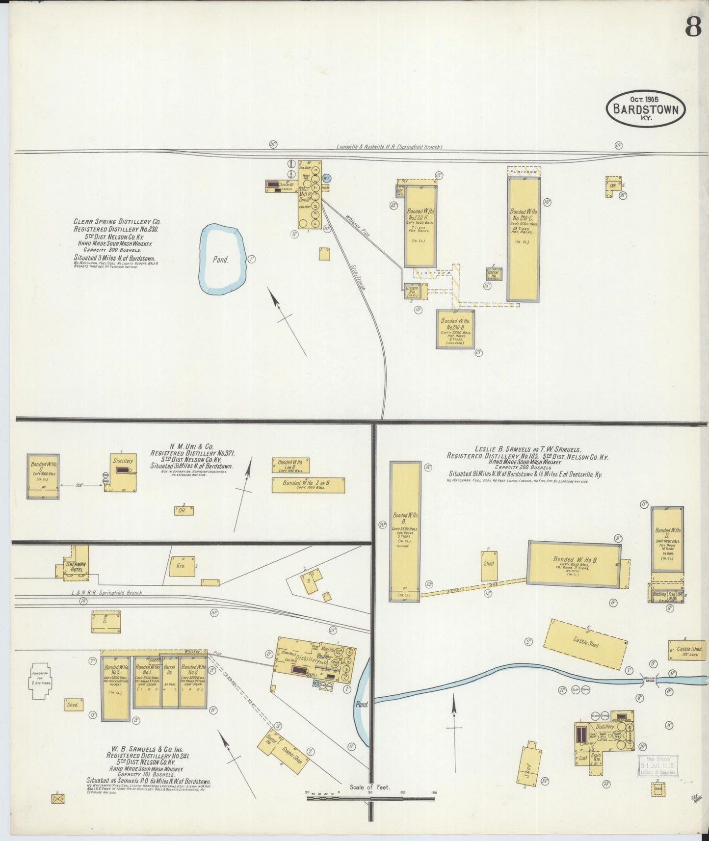 Sanborn Fire Insurance Map from Bardstown, Nelson County, Kentucky (1905), Sheet #0008 - Historic Sanborn Fire Insurance Map Print, vintage old map wall art, antique decor, genealogy gift, Kentucky Kentucky map