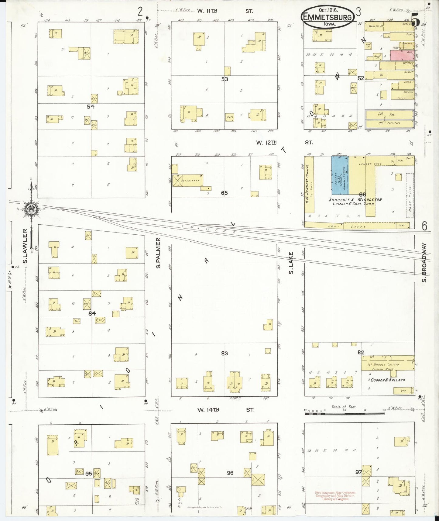 Sanborn Fire Insurance Map from Emmetsburg, Palo Alto County, Iowa (1916), Sheet #0005 - Historic Sanborn Fire Insurance Map Print, vintage old map wall art