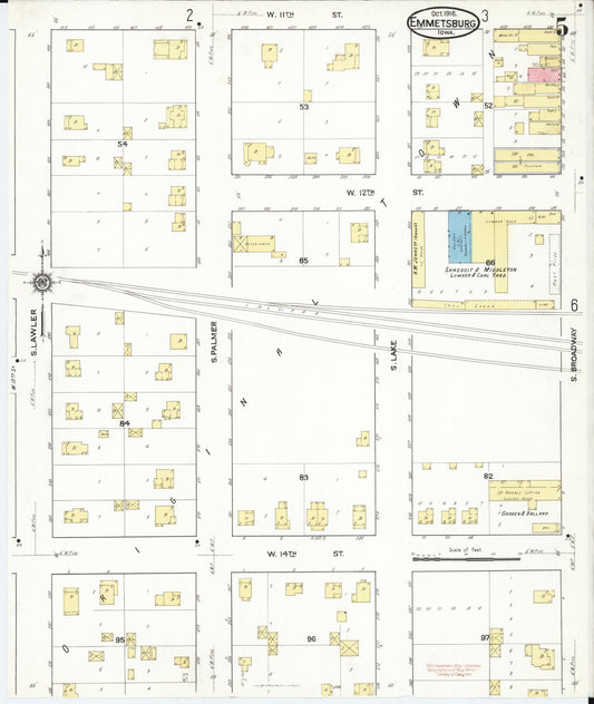 Sanborn Fire Insurance Map from Emmetsburg, Palo Alto County, Iowa (1916), Sheet #0005 - Historic Sanborn Fire Insurance Map Print, vintage old map wall art