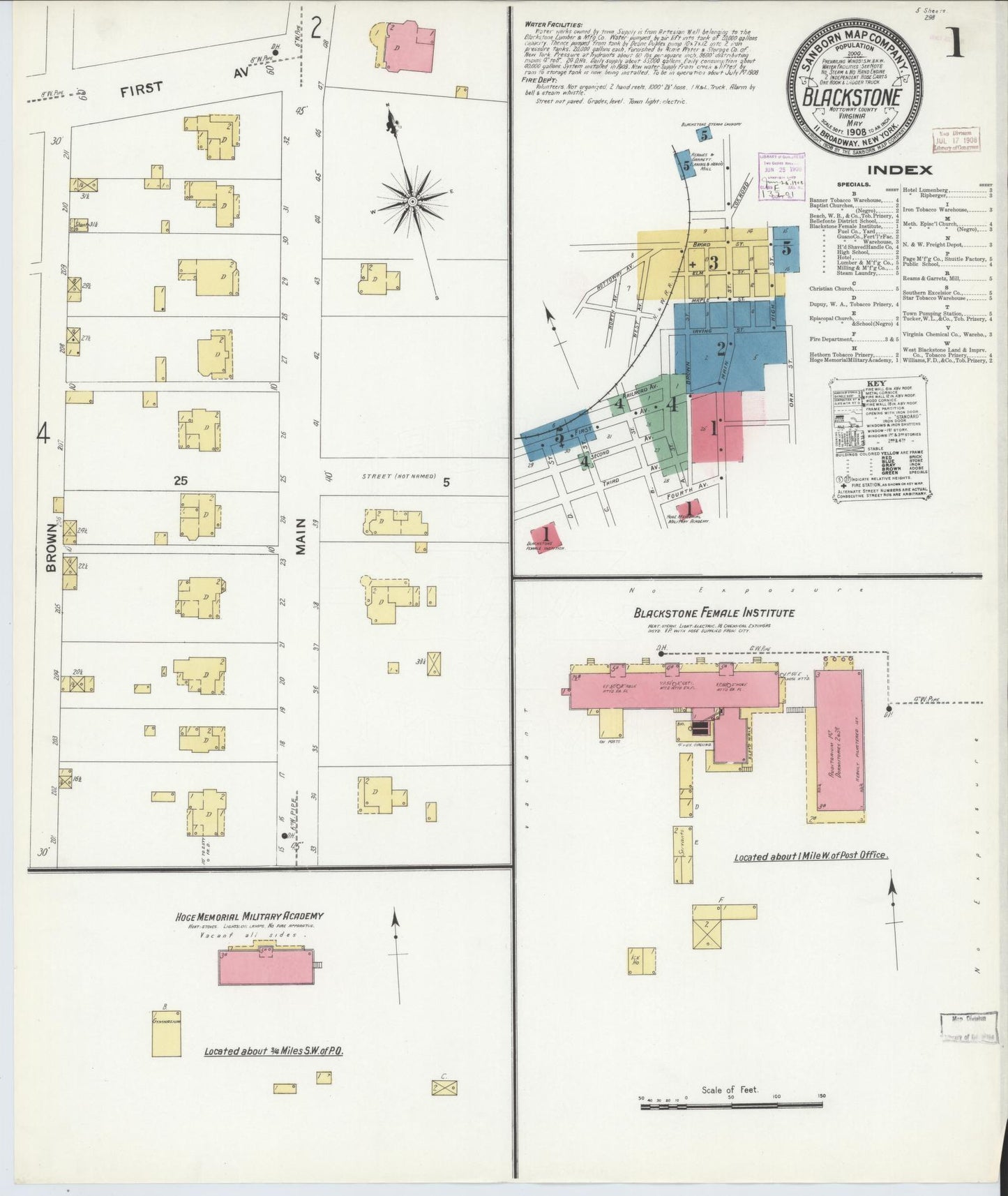 Sanborn Fire Insurance Map from Blackstone, Nottoway County, Virginia (1908), Sheet #0001 - Complete Map Set gallery image, historic Sanborn map, vintage wall art, Virginia Virginia