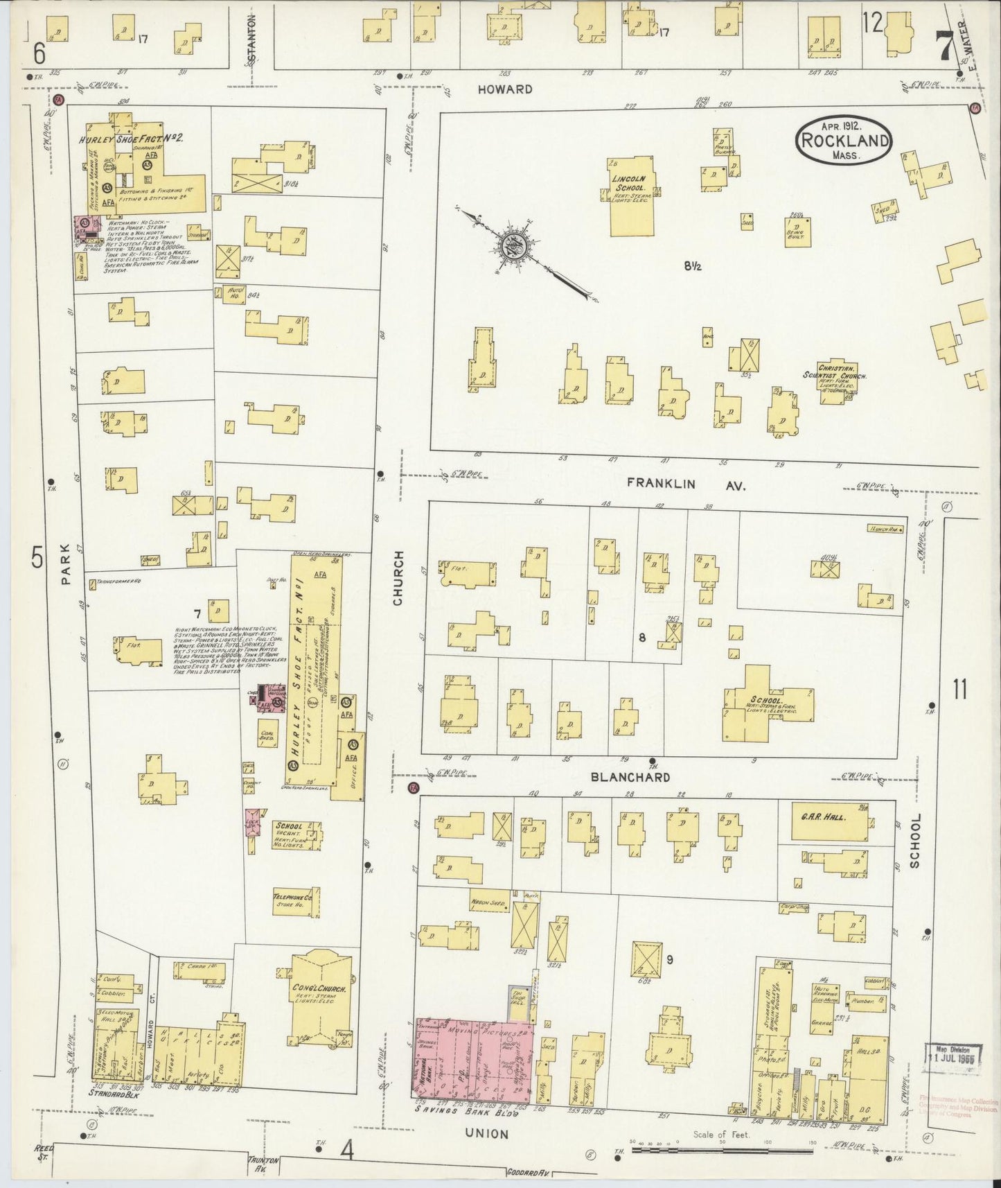 Sanborn Fire Insurance Map from Rockland, Plymouth County, Massachusetts (1912), Sheet #0007 - Historic Sanborn Fire Insurance Map Print, vintage old map wall art, antique decor, genealogy gift, Massachusetts Massachusetts map