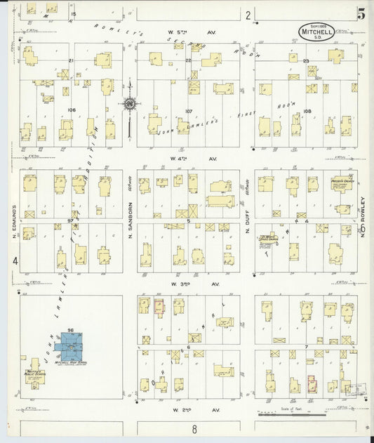 Sanborn Fire Insurance Map from Mitchell, Davison County, South Dakota (1909), Sheet #0005 - Historic Sanborn Fire Insurance Map Print, vintage old map wall art, antique decor, genealogy gift, South Dakota South Dakota map