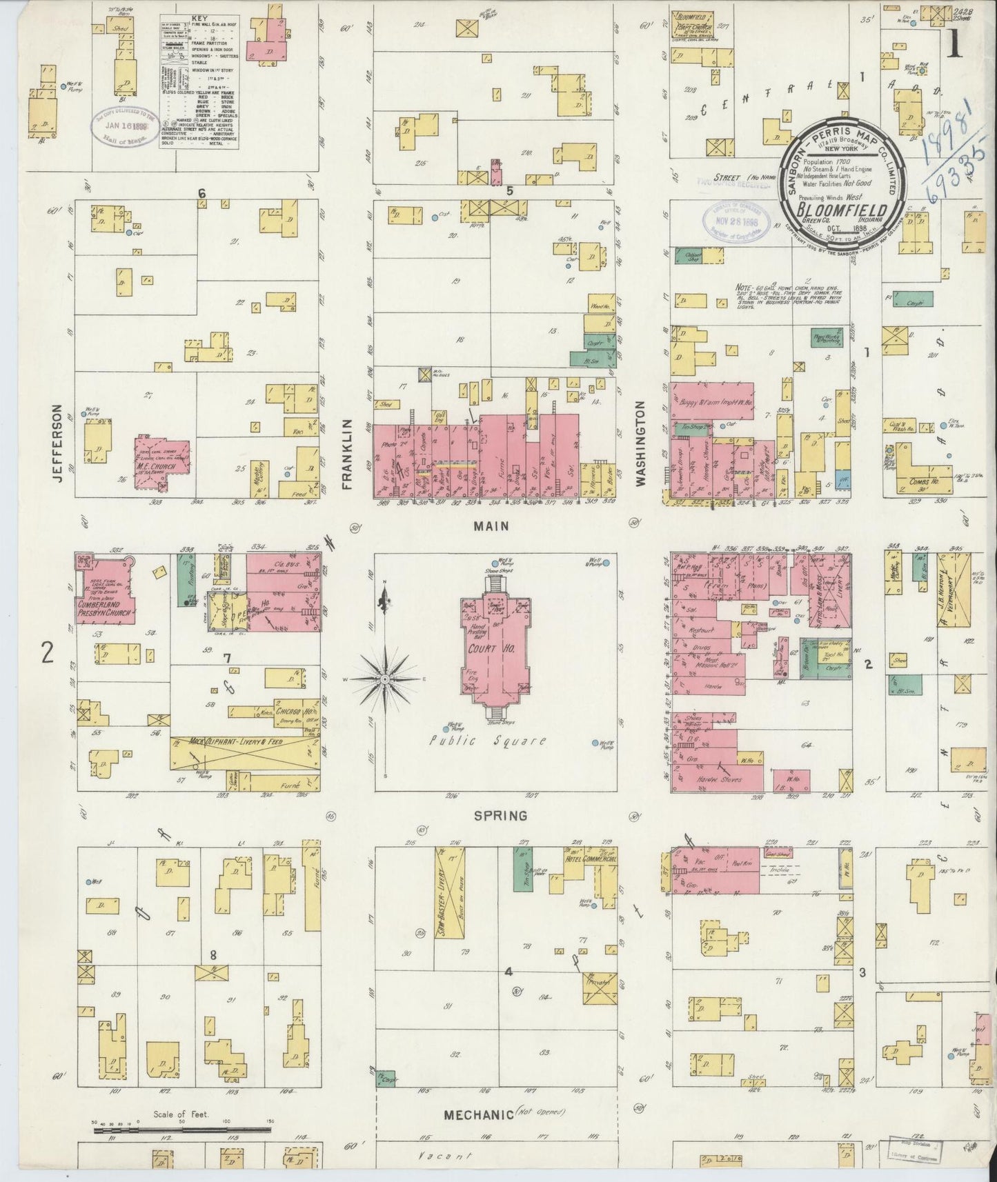 Sanborn Fire Insurance Map from Bloomfield, Greene County, Indiana (1898), Sheet #0001 - Complete Map Set gallery image, historic Sanborn map, vintage wall art, Indiana Indiana