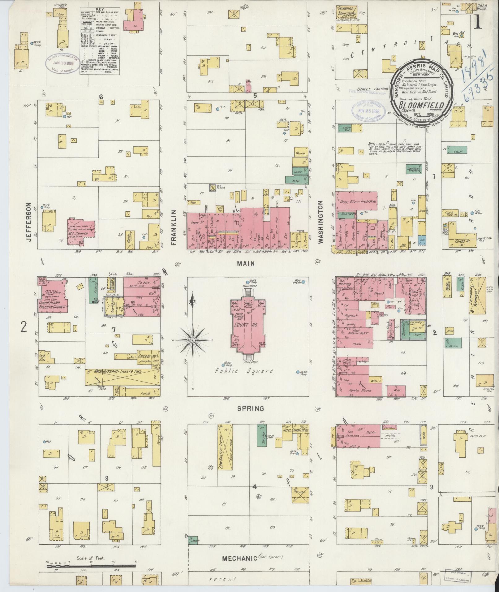 Sanborn Fire Insurance Map from Bloomfield, Greene County, Indiana (1898), Sheet #0001 - Complete Map Set gallery image, historic Sanborn map, vintage wall art, Indiana Indiana