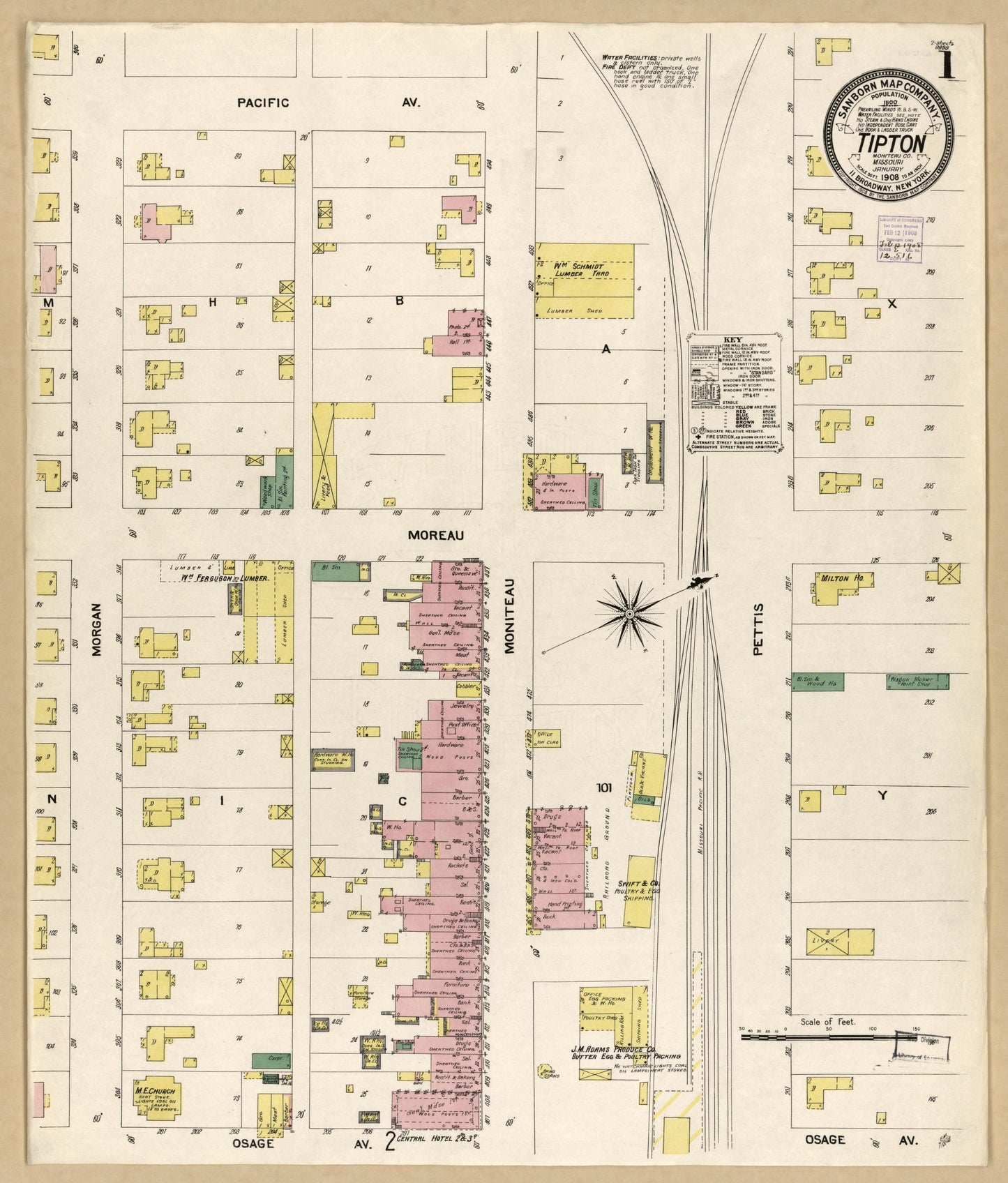 Sanborn Fire Insurance Map from Tipton, Moniteau County, Missouri (1908), Sheet #0001 - Historic Sanborn Fire Insurance Map Print, vintage old map wall art, antique decor, genealogy gift, Missouri Missouri map