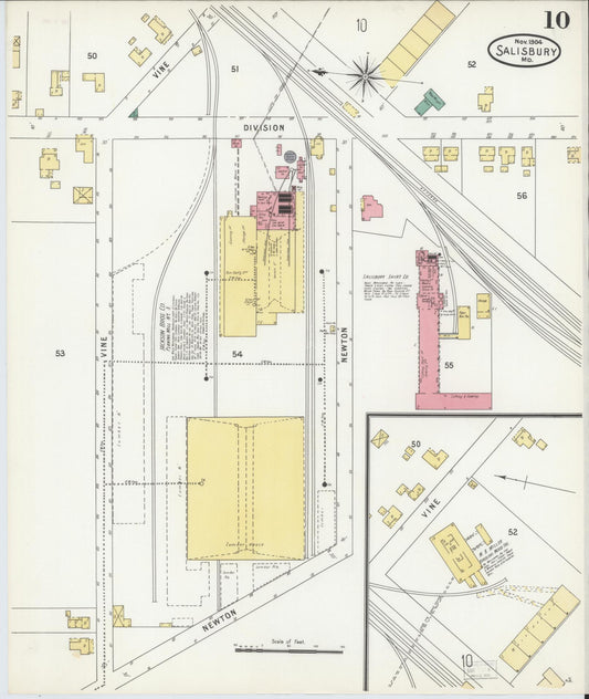 Sanborn Fire Insurance Map from Salisbury, Wicomico County, Maryland (1904), Sheet #0010 - Historic Sanborn Fire Insurance Map Print, vintage old map wall art
