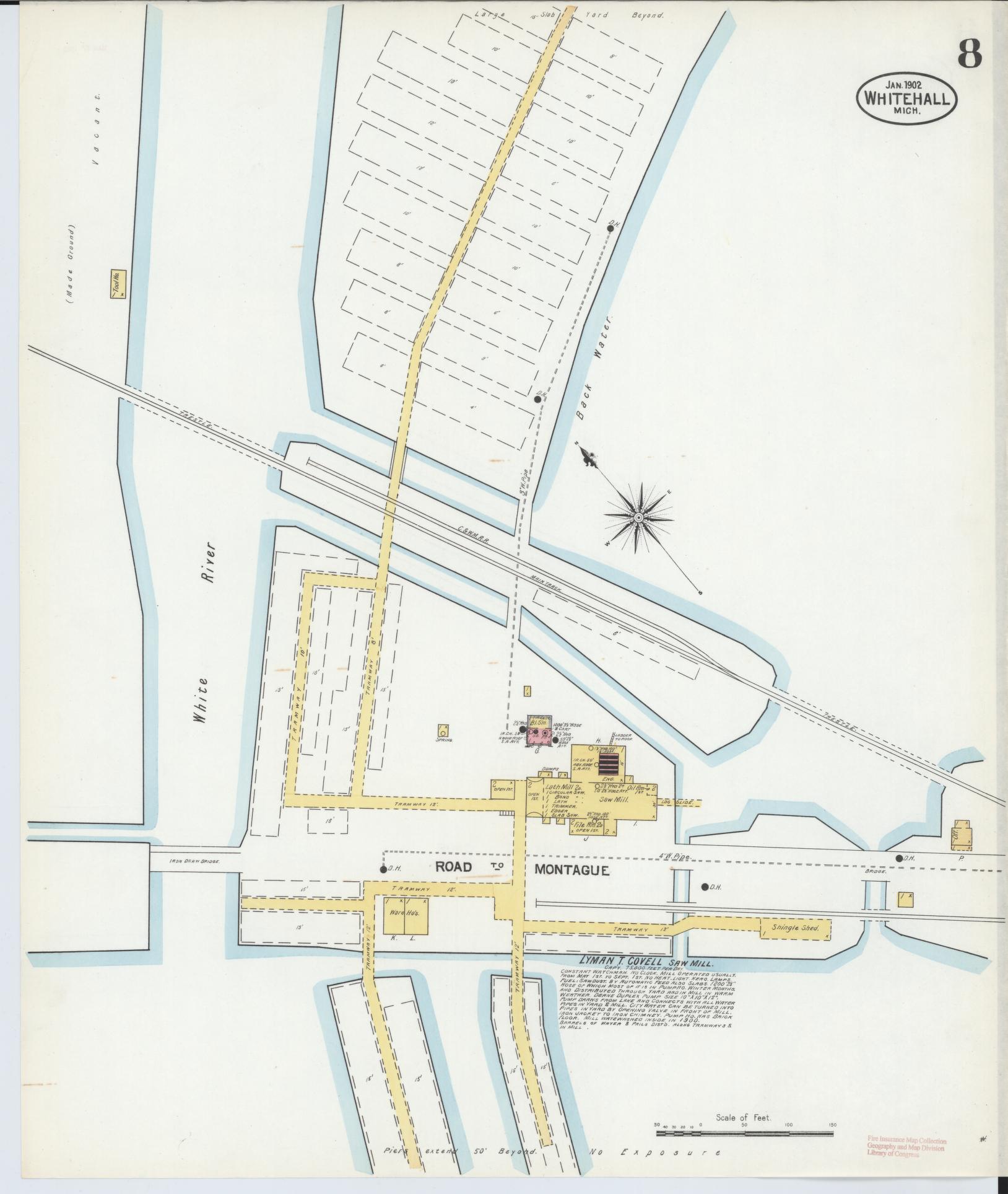 Sanborn Fire Insurance Map from Whitehall, Muskegon County, Michigan (1902), Sheet #0008 - Historic Sanborn Fire Insurance Map Print, vintage old map wall art, antique decor, genealogy gift, Michigan Michigan map