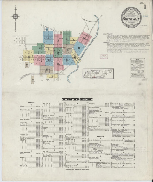 Sanborn Fire Insurance Map from Fayetteville, Lincoln County, Tennessee (1914), Sheet #0001 - Historic Sanborn Fire Insurance Map Print, vintage old map wall art, antique decor, genealogy gift, Tennessee Tennessee map