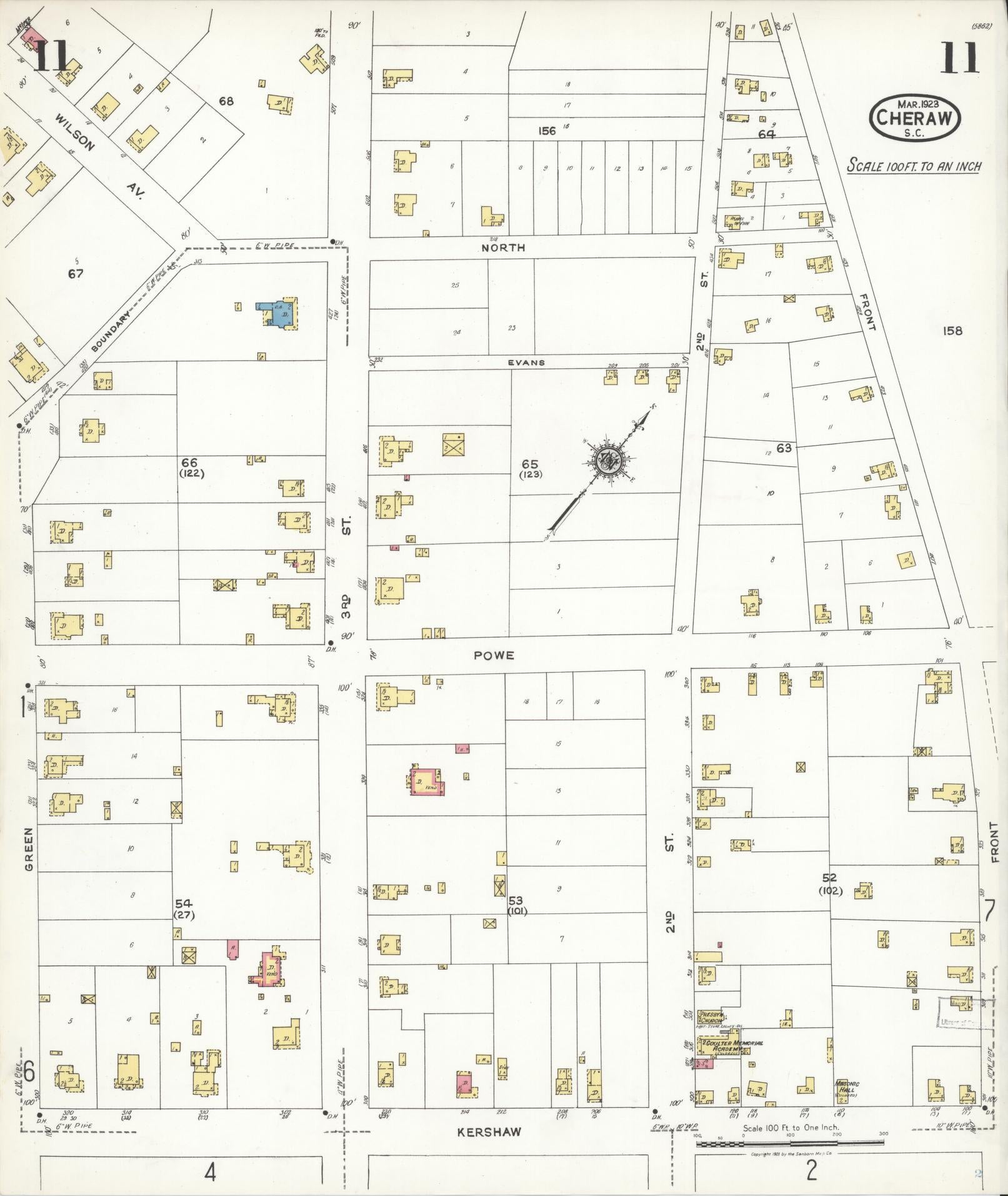 Sanborn Fire Insurance Map from Cheraw, Chesterfield County, South Carolina (1923), Sheet #0011 - Historic Sanborn Fire Insurance Map Print, vintage old map wall art, antique decor, genealogy gift, South Carolina South Carolina map