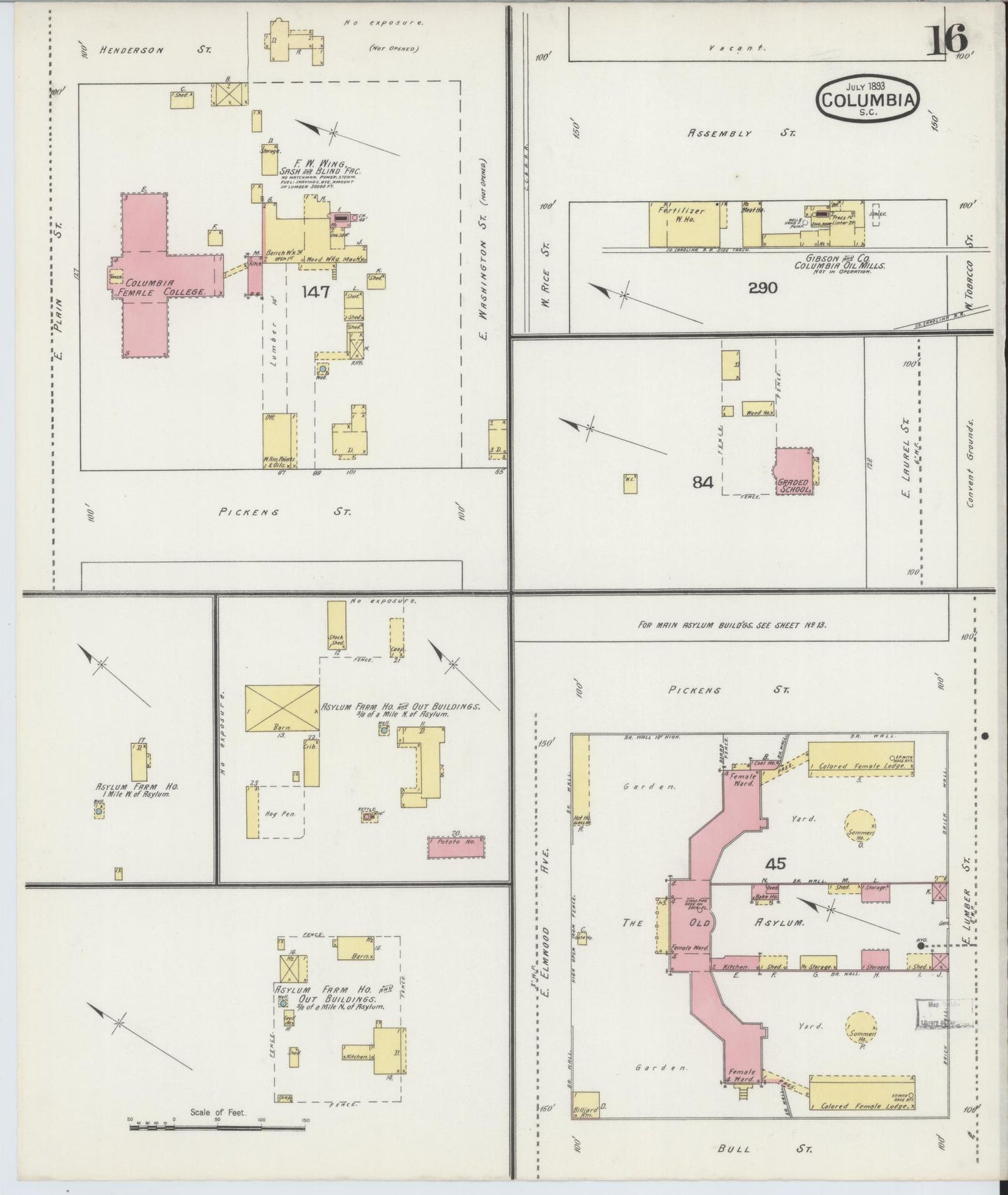 Sanborn Fire Insurance Map from Columbia, Richland County, South Carolina (1893), Sheet #0016 - Complete Map Set gallery image, historic Sanborn map, vintage wall art, South Carolina South Carolina