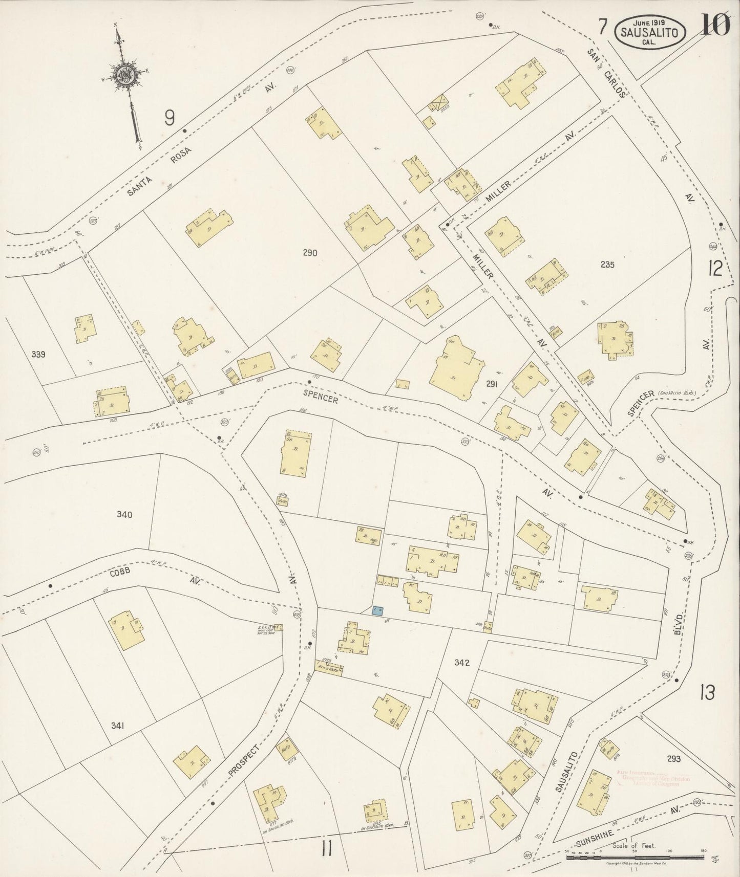 Sanborn Fire Insurance Map from Sausalito, Marin County, California (1919), Sheet #0010 - Complete Map Set gallery image, historic Sanborn map, vintage wall art, California California